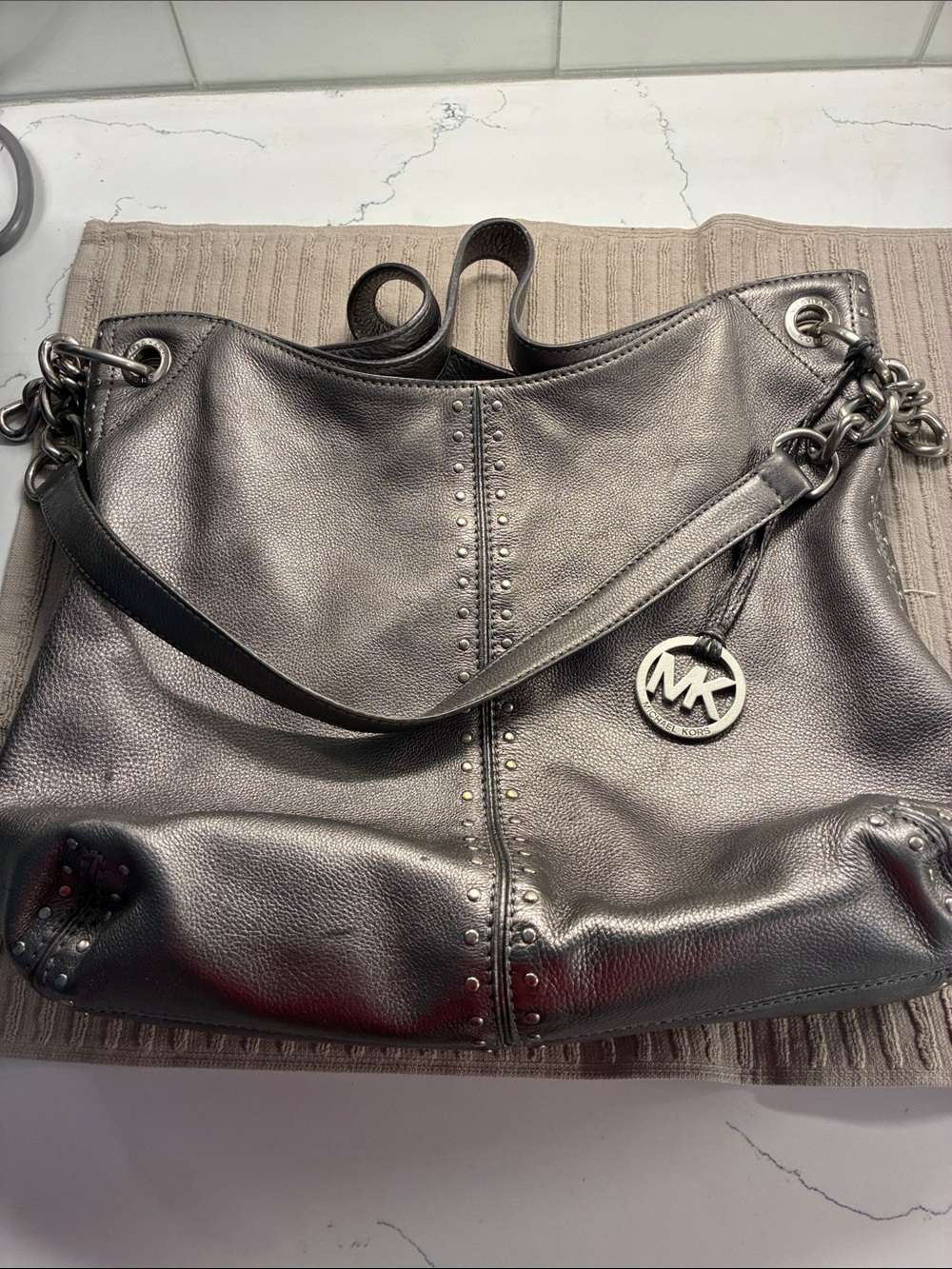 Michael Kors Metallic Pewter Studded Leather Shoulder Bag